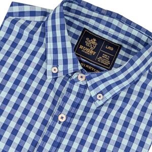 Rugby University Mens Blue Gingham Check Stretch Button Down Shirt Size Large